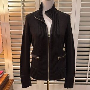 Carlisle dark brown zip up sweater with gold detail